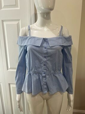 Shinestar Top Women Medium Blue Off The Shoulder Striped Romantic Peplum Preppy